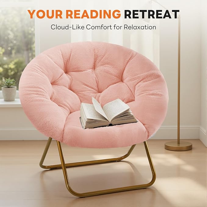 Sweetcrispy Saucer Chairs, Comfy Folding Cozy Faux Fur Living Room Reading Lounge Chair with Soft Thick Padded Seat & Metal Frame Modern Style Bedroom Home Dorm for Kids Adults, X-Large - Peach