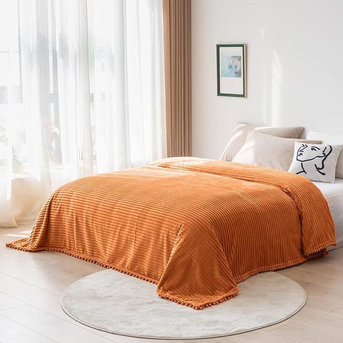 DISSA Fleece Blanket Throw Size ?€? 51x63, Orange ?€? Soft, Plush, Fluffy, Fuzzy, Warm, Cozy ?€? Perfect Throw for Couch, Bed, Sofa - with Pompom Fringe - Flannel Blanket Throw Blanket