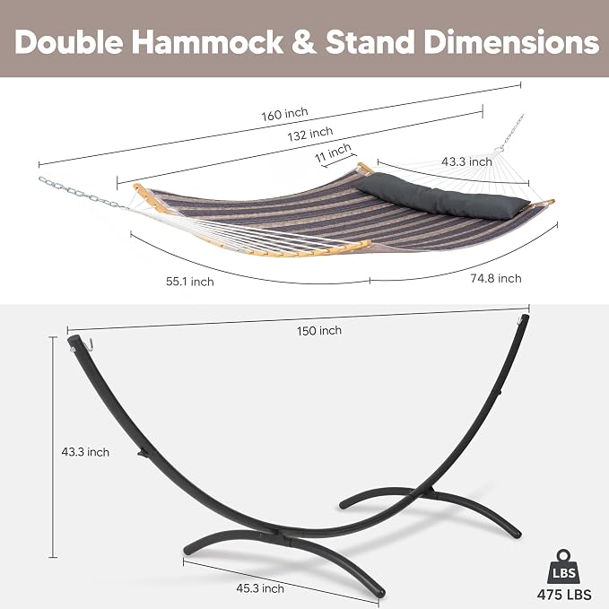 SUNCREAT Hammocks for Outside with Stand, Porch Hammock and Stand, 475 lbs Capacity, Patent Pending, Gray Stripes - Image 3