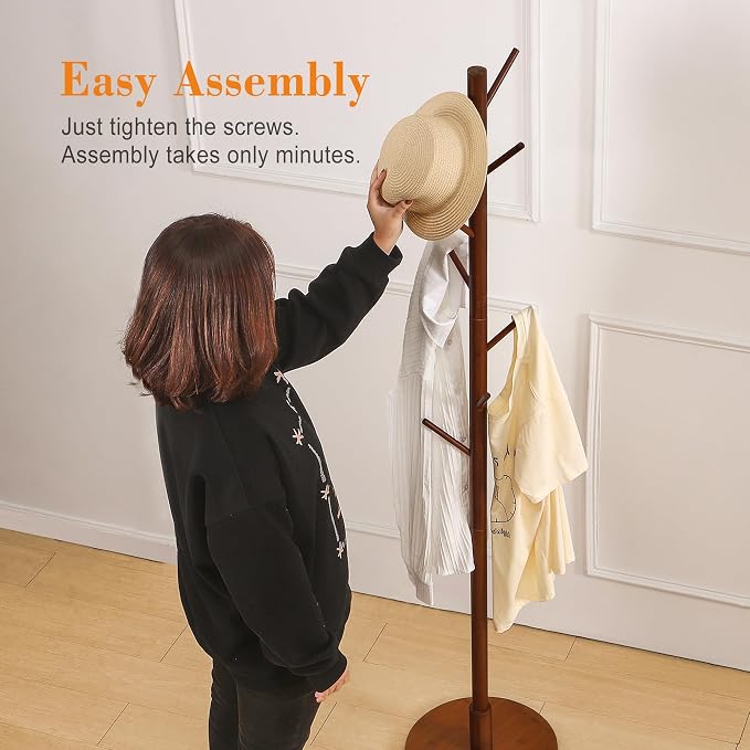 VECELO Coat Rack Freestanding, Entryway Hanger Stand, Umbrella Holder, Hall Tree With Hooks, Floor Standing Metal Tree Stand,Walnut - Image 7