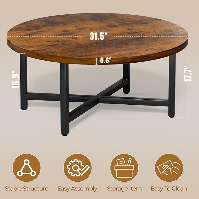 Coffee Table, 31.5" Large Coffee Tables, Brown Round Coffee Tables for Living Room, Floor Table for Sitting on The Floor, Center Coffee Table with Metal Frame for Office Apartment Home