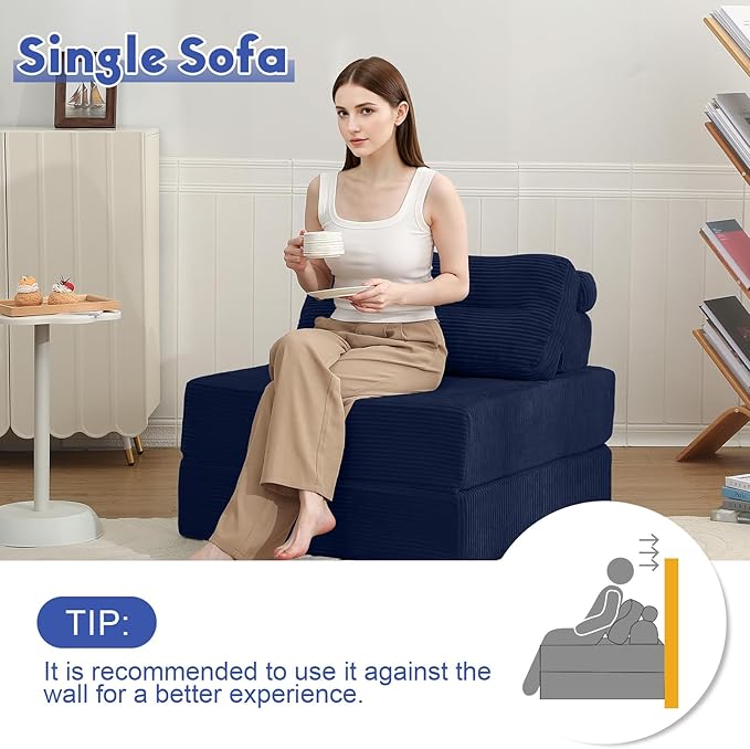 MeMoreCool Folding Sofa Bed Single – Convertible Sleeper Chair with Pillow, Navy | Foldable Mattress Back Support Portable Fold Out Chair Bed Comfy Floor Sofa Lounge for Living Room Bedroom