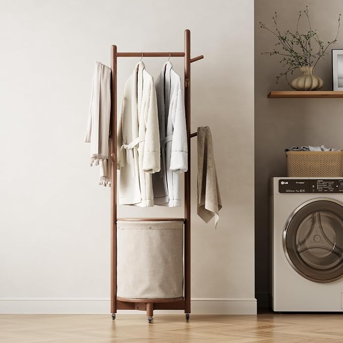 CycleCrew Solid Wood Coat Rack with Fabric Basket - Freestanding Coat Rack Rolling Coat Tree with 9 Hooks Wheels, Small Clothes Rack For Entryway Bedroom Hallway Living Room - Image 7