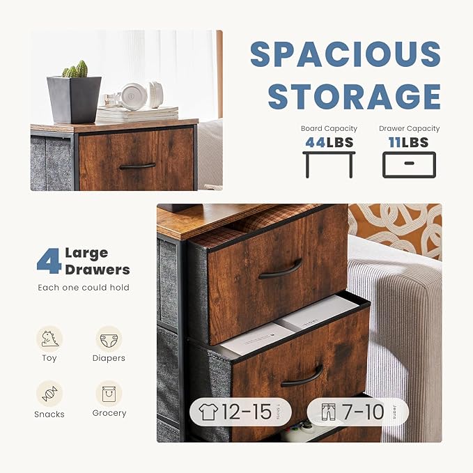 Simple Deluxe 4 Drawer Dresser, Fabric Storage Tower Organizer with Sturdy Steel Frame and Wood Top, Easy Pull Handles, for Bedroom, Entryway, Hallway, Brown