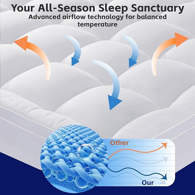 2~3In Mattress Topper Queen Size Breathable Filled Soft Fluffy Supportive for Back Pain Relief, Bed Mattress Pad Pillow Topper with Extra Thick Padded Protector for 8"-21" Deep Pocket