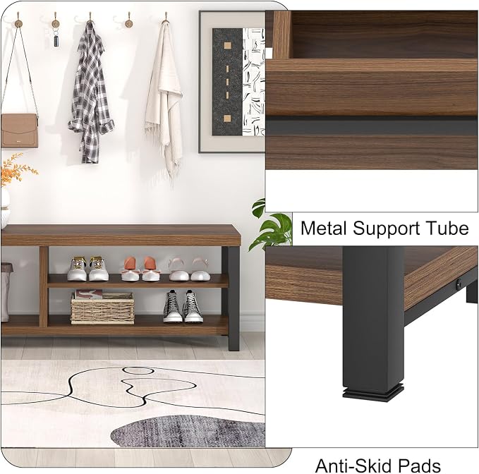 FOLUBAN Entryway Bench, Modern Wood Shoe Bench for Living Room Hallway, Industrial Indoor Shoe Storage Bench Seat, Rustic Walnut, 47 Inch - Image 6