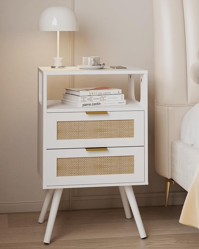 JOONEE Rattan Nightstand,Farmhouse Bedside Table with 2 Storage Drawer and Open Wood Shelf, for Bedroom and Small Spaces,Night Stand with Solid Wood Legs (White) by JOONEE