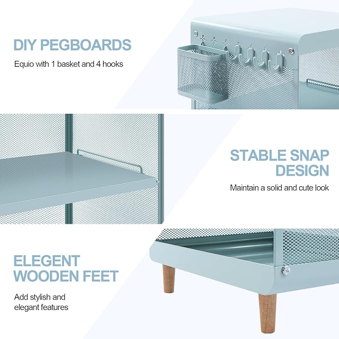 SYKIARIOL Kids Nightstand for Girls, Metal Bedside Table with 4 Hooks & Hanging Basket, 3-Tier Storage Shelf, Toddler Night Stand for Bedroom, Mint Green - Image 6