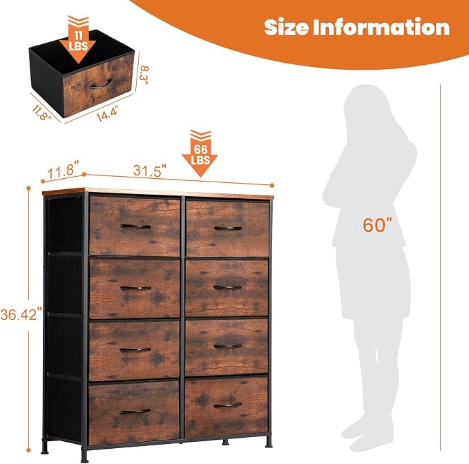 Sweetcrispy Dresser for Bedroom with 8 Storage Drawers, Large Fabric Storage Tower Organizer, Chest of Drawers with Metal Frame Wooden Top for Closet, Living Room, Entryway,Brown - Image 3