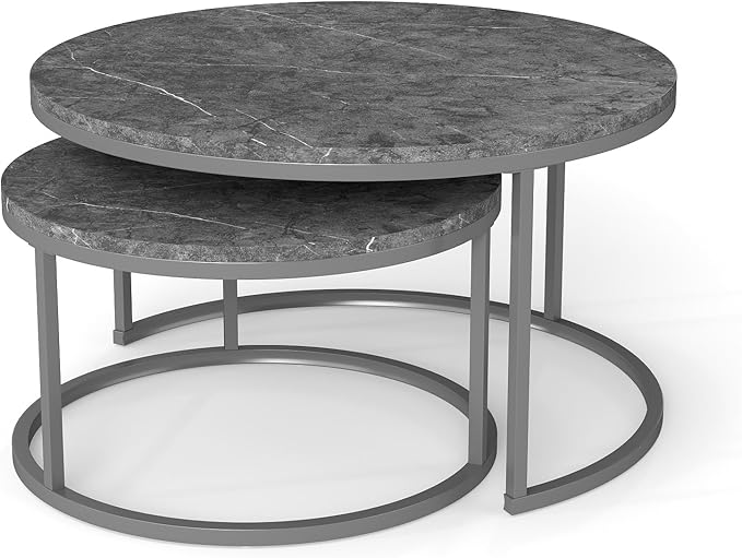 Nesting Coffee Table Set of 2, 31.5" Round Coffee Table Wooden Marble Pattern Accent Furniture, Industrial End Table for Living Room Bedroom Balcony (Gray/Gray)