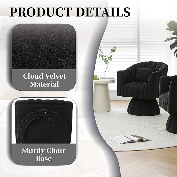 ClinQ Swivel Barrel Chair with Pillow Set of 2, 360° Cloud Velvet Round Swivel Accent Chair, Upholstered Cuddle Reading Lounge Chair for the Living Room, Bedroom, and Office, Black-Vertical Stripes