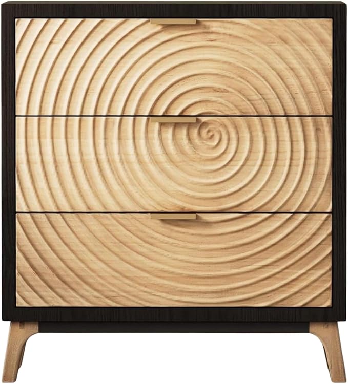 3-Drawer Farmhouse Dresser with Handcrafted Wood Ring Motif, Black Nightstand for Bedroom, Fully-Assembled, Rustic and Morden by COZAYH