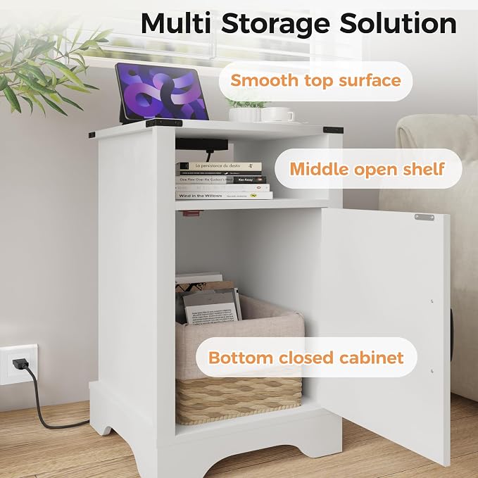 RoyalCraft Farmhouse Nightstand, End Table with Charging Station, Tall Bedside Table with Large Storage Room and Shelf, Wooden Rustic Side Table for Bedroom, Home Office, White - Image 3