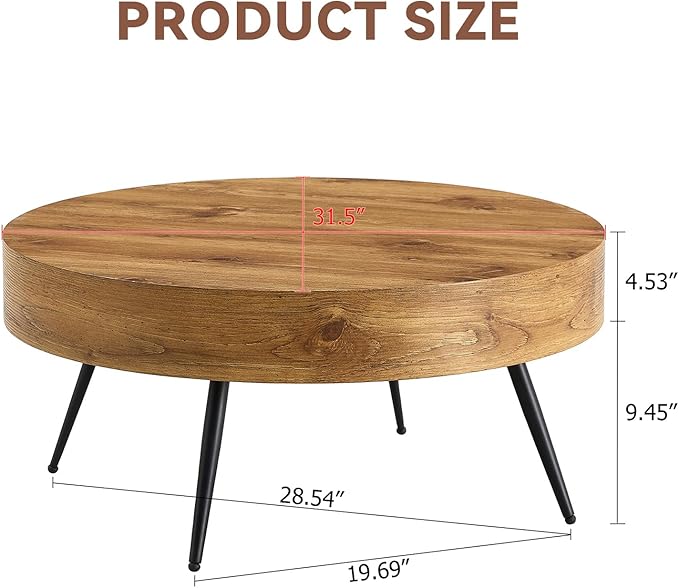 Round Coffee Table, Small Wood Coffee Table with Storage, Modern Mid Century Circle Tables Accent Center Tables for Living Room Apartment Small Space (31.5''D-Brown)