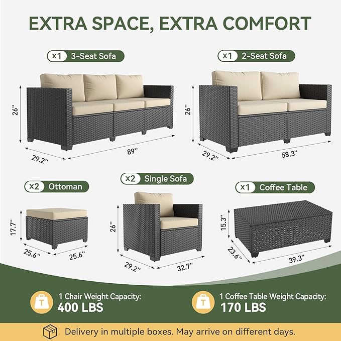 Aoxun 10 Piece Outdoor Patio Furniture Set 9 Seats, Outdoor Sectional with Thick Waterproof Cushions & Storage Coffee Table, Patio Conversation Sets for Garden,Backyard, Porch, Balcony, Deck, Beige