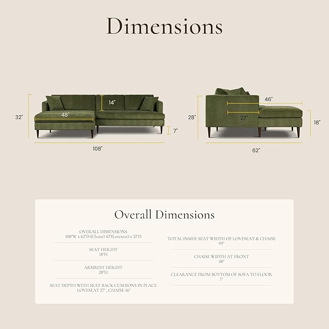 POLY & BARK 108" Lucerne Left-Facing Sectional Sofa with Extra-Wide Chaise – Upholstered in Distressed Green Velvet – Deep, Relaxed Modern Design for Living Room Lounging, Hosting and Everyday Comfort
