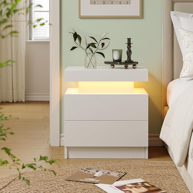 White LED Nightstand Modern Night Stand for Bedroom Bedside Table with 2 Wood Drawers End Side Table - Image 4