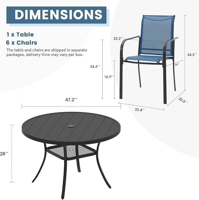DIFY Outdoor Dining Set for 6, Patio Dining Furniture Set Includes 47.2" Black Round Table with Adjustable Umbrella Hole and 6 Blue Stackable Metal Chairs for Poolside, Garden, Backyard - Image 2