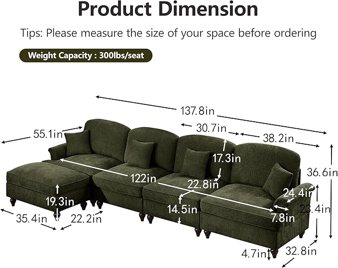 KEIKI Mid Century Modular Sofa with Flared Arms and Skirted Design, 137“ Oversized 4-Seater with Ottoman Luxury Chenille L-Shaped Sectional Couches for Living Room, Chaise Lounge Indoor, Green