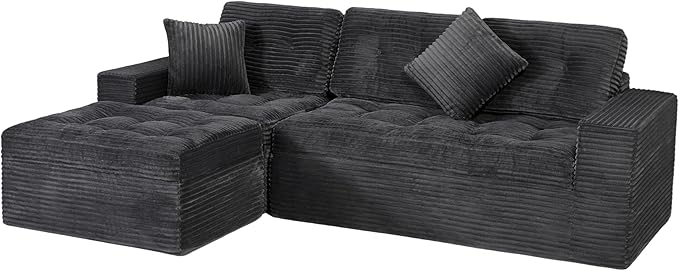 Eafurn 105" L-Shaped Boneless Modular Sectional Sofa with Movable Ottoman, Comfy Corduroy Floor Couch with Deep Seat and Tufted Seat, Flexible Module Combination for Living Room, No Assembly | Deep Seat, Wider Armrest, Free Combination, Tufted