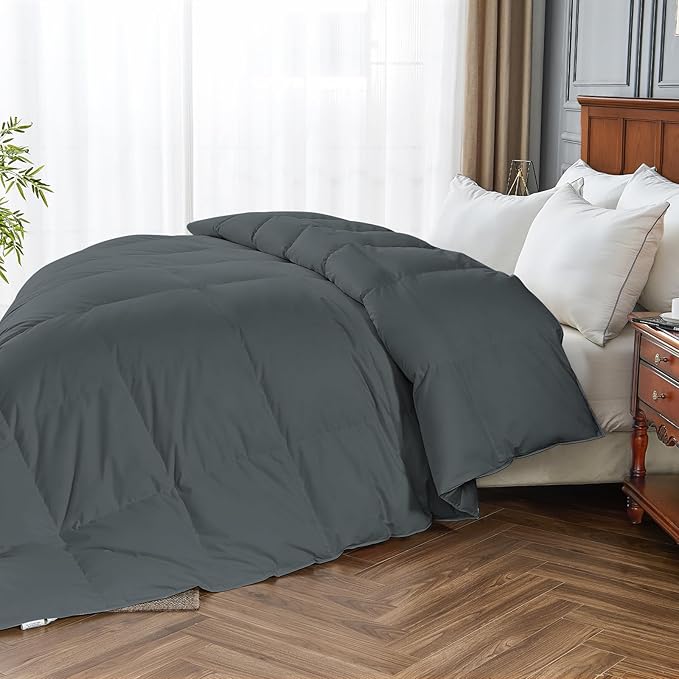 Goose Feather Comforter California King Size, 100% Cotton Duvet Insert All Season Grey Bed Comforters Quilted with 8 Loops Hotel Luxury Fluffy Duvet Insert, 104 x 96 Inch, Machine Washable