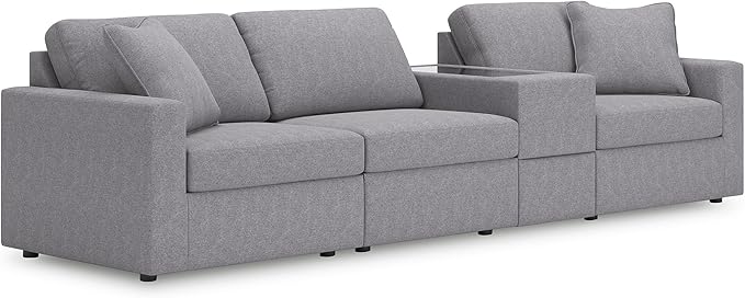 Signature Design by Ashley Modmax Casual Modular Stain Resistant 4-Piece Sectional with Storage Console, Drawer and 2 Accent Pillows, Gray