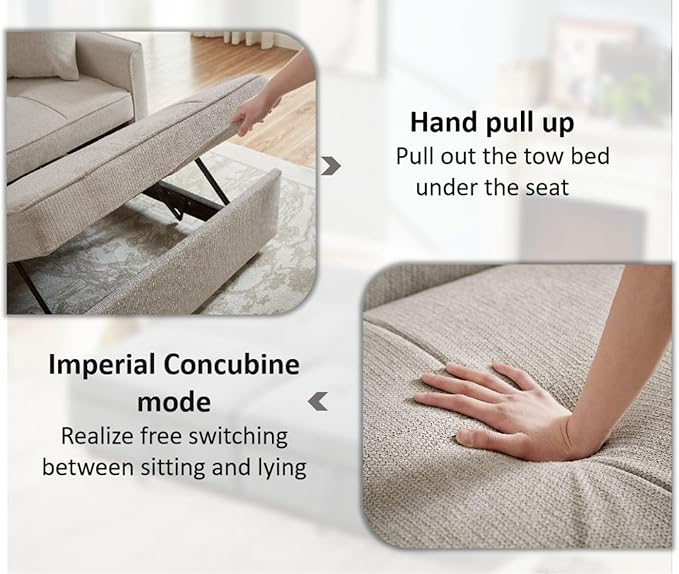 82" 3 in 1 Convertible Sleeper Sofa Bed, Modern Fabric Pull Out Couch, Loveseat Sofa with Pillows & Pockets, Futon Couch Bed Reclining Backrest for Living Room, Bedroom, Apartment, Beige