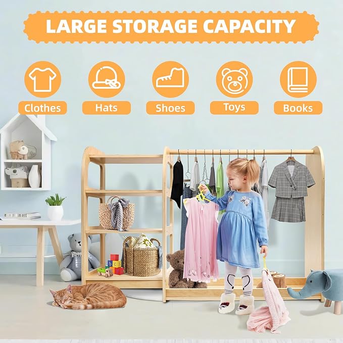 homegroove Kids Dress Up Storage with Mirror, 31.5 Inch Kids Wardrobe Closet with Storage Shelf for Little Girls and Boys, Wooden Costume Organizer for Bedroom Classroom Playroom Furniture