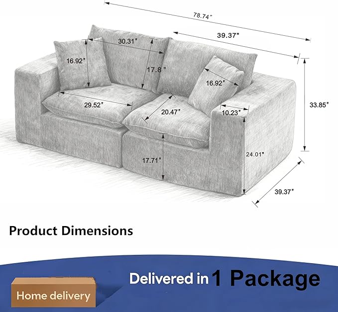 Ball & Cast Modular Loveseat Cloud Sofa,79'' Chenille Sectional Couch with Wider Armrest and Pillow,2 Seat Upholstered Convertible Comfy Love seat Chenille Sofa Couches for Living Room,Dark Gray