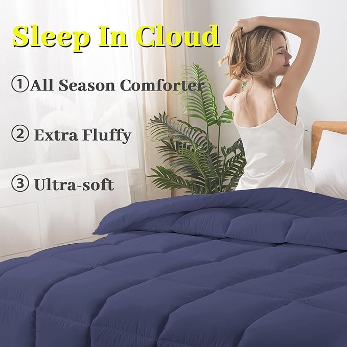 BedTreat Down Alternative Comforter Queen Duvet Insert with Corner Tabs, All Season Quilted Bed Comforter Box-Stitched Queen Comforter Blue，Machine Washable Microfiber Bedding