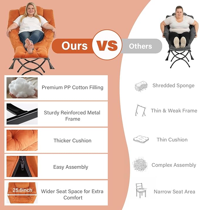 MBOOYOME Lazy Chair with Folding Ottoman, Modern Accent Armchair with Armrests, Side Pocket & Foldable Footstool, Reading Chair for Living Room, Bedroom, Dorm & Office, Velvet Orange