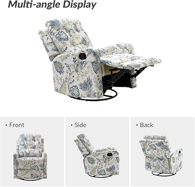 HULALA Home Recliner Chair Set of 2, Modern Printed Fabric for Living Room, Rocker Recliner Sofa Comfy Armchair 360 Degree Swivel, Nursery Rocking Chairs with Adjustable Backrest & Footrest/Blue