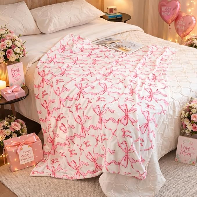 Pink Bow Twin Blanket – 60x80 Inch Soft Fleece Blanket for Girls and Women, Coquette Aesthetic Room Decor for Bed, Couch, Chair, Preppy Bedroom or Gift, Cute Pink Bow Decor Blanket
