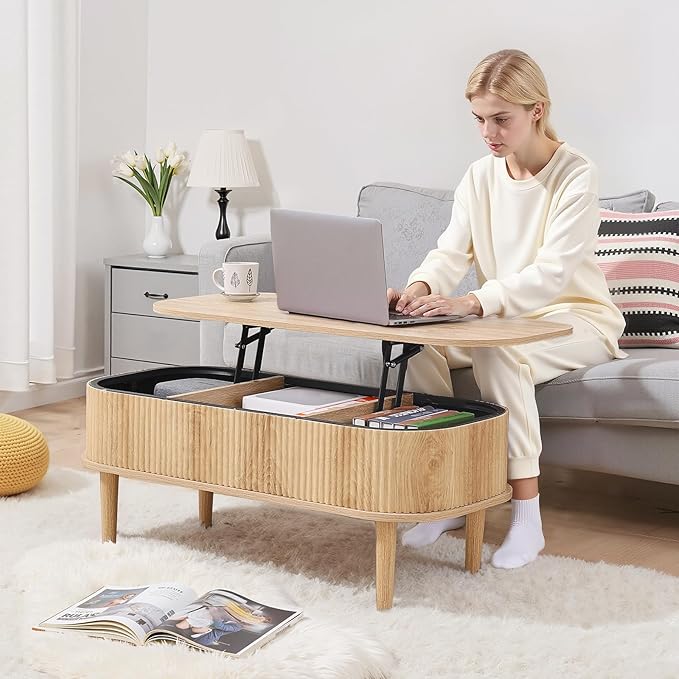 VEVOR Fluted Lift Top Coffee Table, Oval Wood Coffee Table with 3 Hidden Compartment, Mid Century Modern Center Table with Storage, Lift up Tabletop for Home Living Room Office, Easy Assembly, Natural