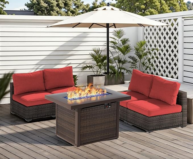 Patio Furniture Set 5 Pieces with 44" Fire Pit Table, Rattan Outdoor Sectional Conversation Sets, All Weather Outdoor Furniture Set with Cushions for Garden Lawn Balcony Porch Deck Red