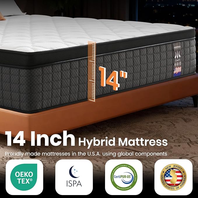 Full Mattress Mattress 14" Hybrid Mattress - Medium-Firm Support- Made in USA - Individually Pocketed Coils & CertiPUR-US Foam - Fiberglass-Free - Bed in a Box