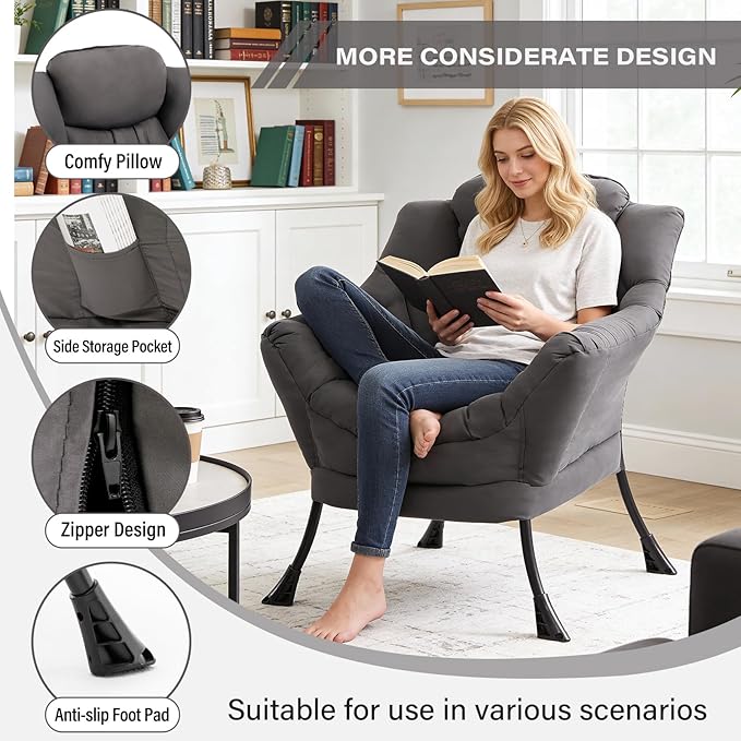 MBOOYOME Lazy Chair, Modern Accent Chair with Armrests, Side Pocket & Metal Frame, Comfy Leisure Chair for Living Room, Bedroom, Dorm & Office, Dark Grey