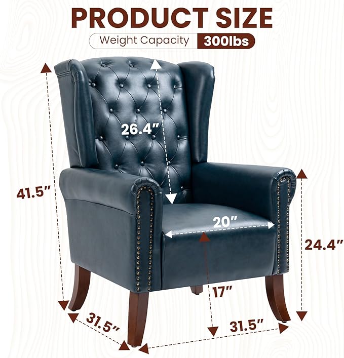 PU Leather Accent Chair Set of 2, Modern Upholstered Living Room Chair Sofa Chair with Wooden Legs, Wingback Armchair Club Chair for Bedroom,Study Room, Lounge (Dark Blue)