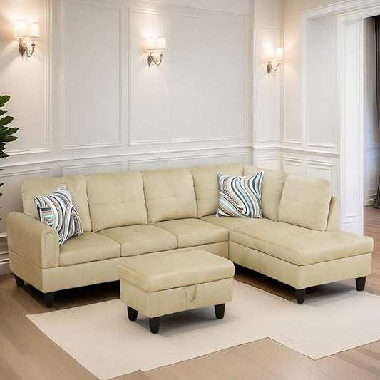 FONTOI L Shaped Sectional Couches for Living Room, Modern Modular Sectional Sofa with Ottoman Storage, Comfy L Shaped Couch with Chaise for Bedroom Apartment Furniture, Beige
