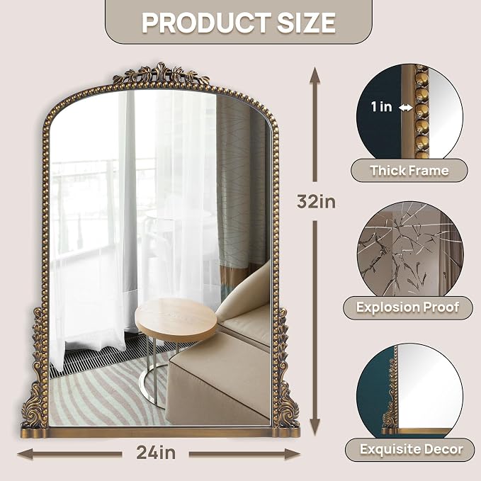 Vintage Baroque Arched Mirror - Traditional Ornate Antique Brass Wood Frame - 24"X32" - Perfect for Entryway, Fireplace, Living Room, Hallway, Bathroom - Image 2
