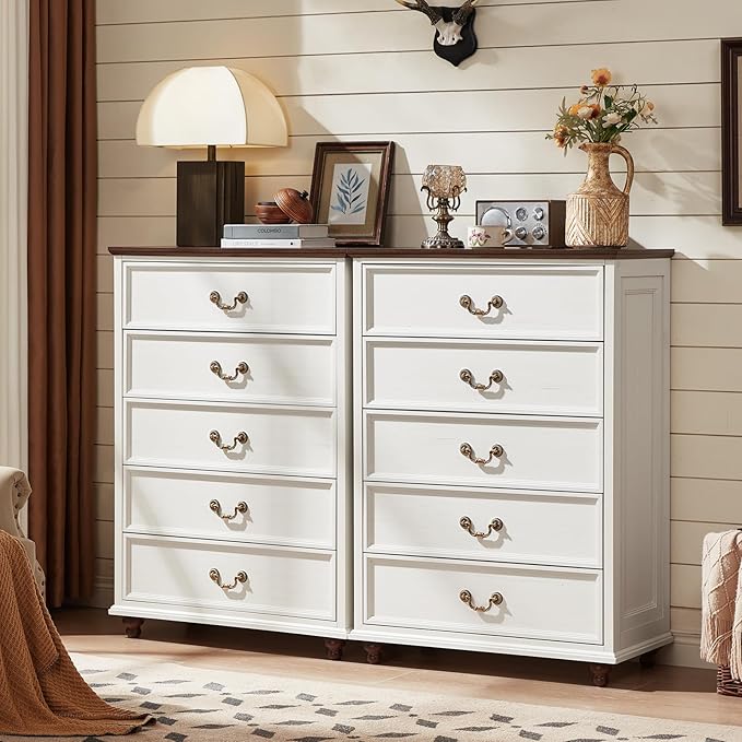 Joaxswe 24" Wide Farmhouse Nightstand with Charging Station Set of 2, 45" Tall Rustic Chests of 5 Drawers w/ 4 Solid Wood Feet, Farmhouse Furniture Series for Living Room,Bedroom,White