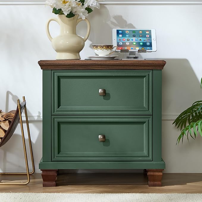 SAVOR LIFE Farmhouse Nightstand with Charging Station, Rustic Low Night Stand with 2 Drawers, Mid-century Modern End Table with 4 Square Solid Wood Legs, Small Vintage Dresser for Bedroom, Home, Green - Image 3
