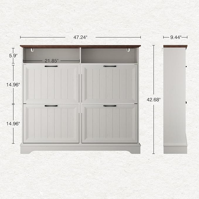 Shoe Storage Cabinet with 4 Flip Drawers, Farmhouse Modern Hidden Shoes Rack Cabinet with Adjustable Shelves & Open Storage, Narrow Slim Shoe Organizer for Front Door Entrance, Entryway, Antique White - Image 2