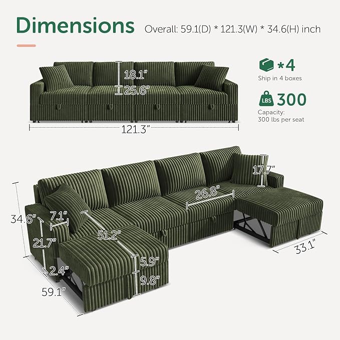 HONBAY 121.3 Inch Modular Sectional Sofa, L & U Shaped Pull Out Couch with Adjustable Backrest & Storage, Velvet Green