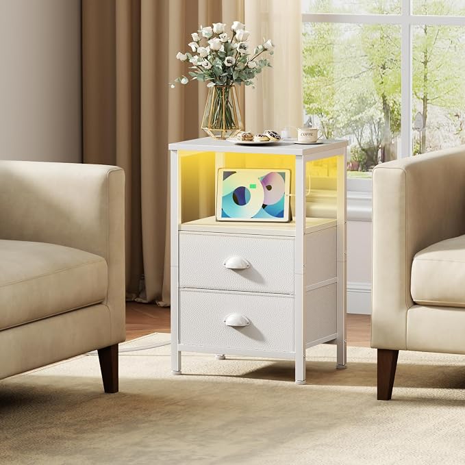 Furologee LED Night Stand with Charging Station, White Nightstand with Fabric Drawers, Bedside Table with Storage Shelf, End Table for Living Room/Bedroom/Dorm - Image 2