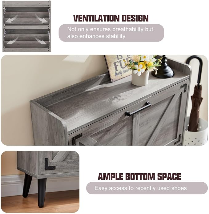 Barnyatoh Shoe Storage Cabinet with 2 Flip Drawers, Farmhouse Hidden Shoe Organizer, Narrow Slim Shoe Rack Cabinet for Entryway Hallway,Washed Gray - Image 6