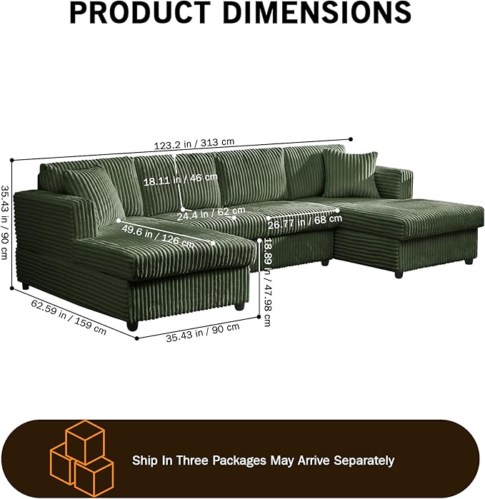 123" U-Shaped Modular sectional Sofa, Two L-Shape Chaise with 2 Cloud Couch sectional with Two Pillows, couches for Living Room (Green)