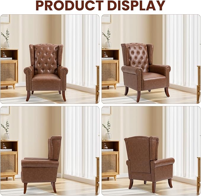 Faux Leather Accent Chair, Mid-Century Armchair Upholstered Club Sofa Chair with Wooden Legs, High Back Living Room Chair for Bedroom, Office, Lounge (Brown)