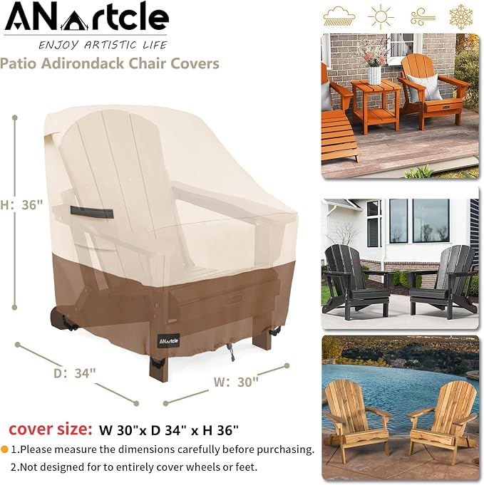 ANartcle Patio Adirondack Chair Cover 2 Pack,600D Waterproof Heavy Duty Outdoor Chair Covers,Adirondack Chair Covers(30W x 34D x 36H inches),Patio Furniture Covers,Beige&Brown - Image 4