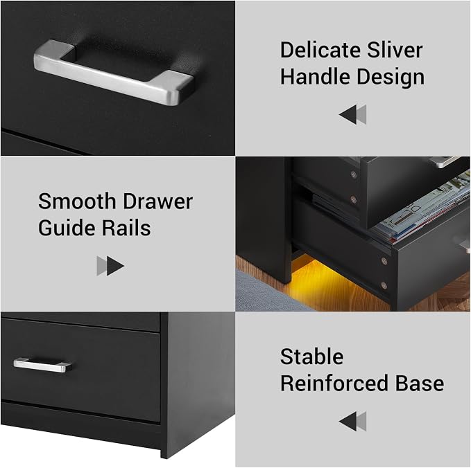 AOGLLATI LED Nightstands Set of 2 with Charging Station, Black Night Stand with 2 Drawers and Glass Top, Bedside Table with Pull-Out Shelf, Modern End Side Tables with USB Ports Outlets - Image 7